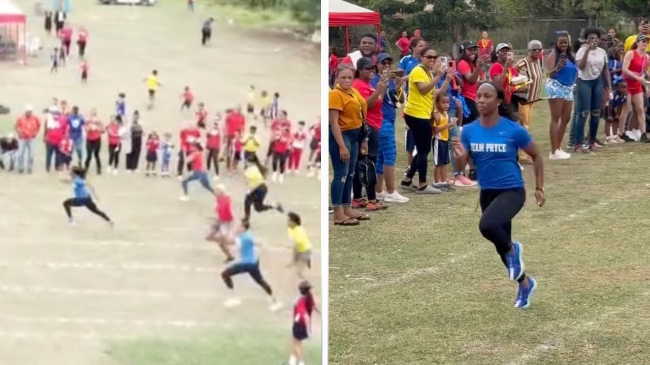 <p>Shelly-Ann Fraser Pryce at school sports day</p>