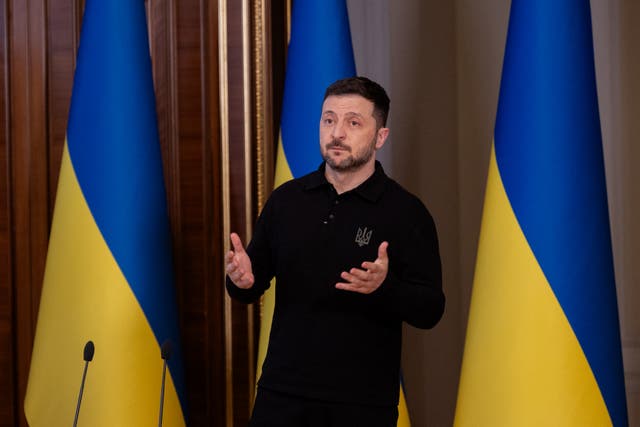 <p>Volodymyr Zelensky talks to reporters in Kyiv on Thursday</p>