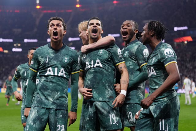 <p>Spurs players celebrate their away win in Germany</p>
