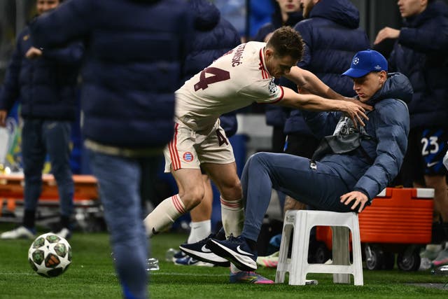 <p>Bayern Munich's Croatian defender #44 Josip Stanisic reacts during the UEFA Champions League quarter final second leg football match between Inter Milan and Bayern Munich at the San Siro stadium in Milan on April 16, 2025</p>