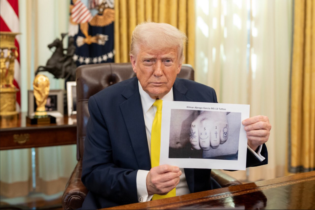 ‘He’s got MS-13 tattooed onto his knuckles’: Trump appears to hold up altered image of Abrego Garcia’s hand