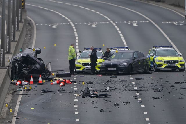 The scene on the A1 after the collision involving a car and five police vehicles (Owen Humphreys/PA)