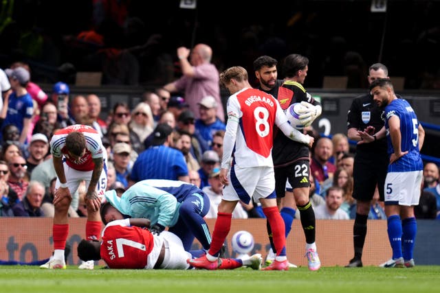 <p>Bukayo Saka was fouled by Leif Davis, who received a red card during Arsenal’s win over Ipswich</p>