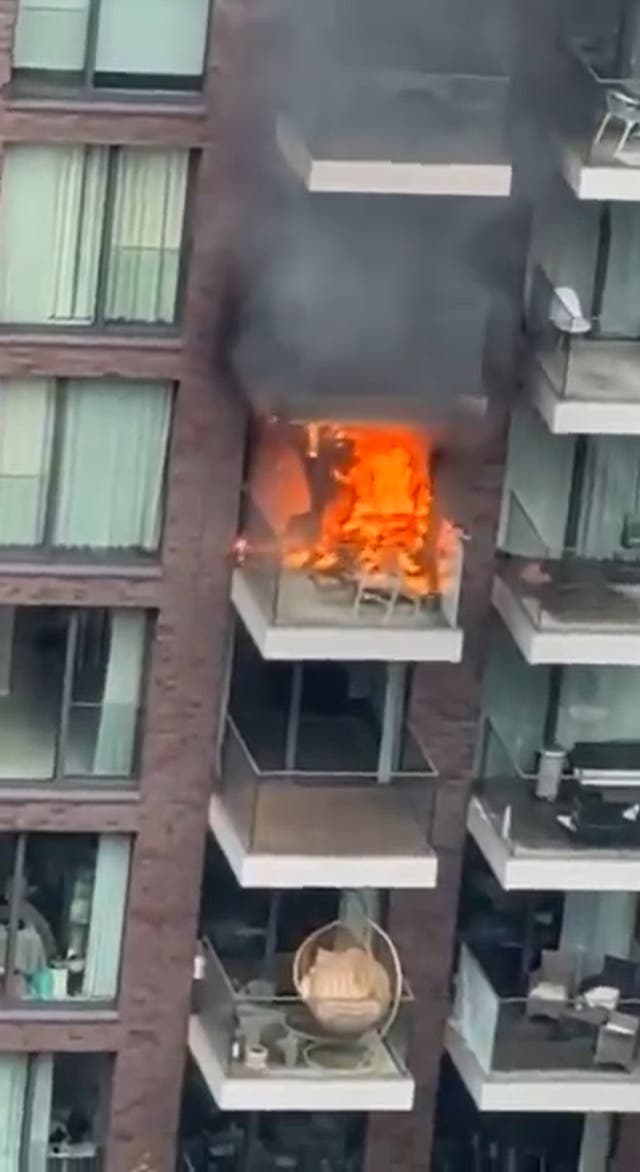<p>Footage showed flames engulfing two different flats on Leman Street in Aldgate, East London</p>