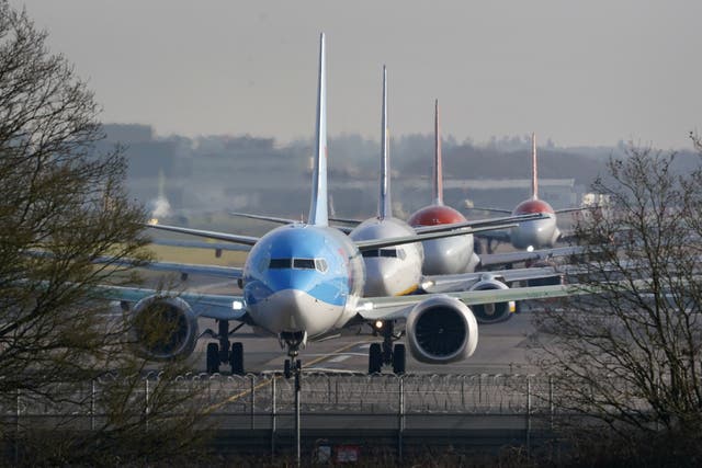 <p>Planes queue for take off at London Gatwick airport in Crawley, West Sussex</p>