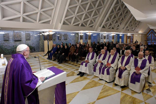 <p>Pope Francis celebrates Mass at the Santa Marta chapel at the Vatican, Friday, Feb. 16, 2018</p>
