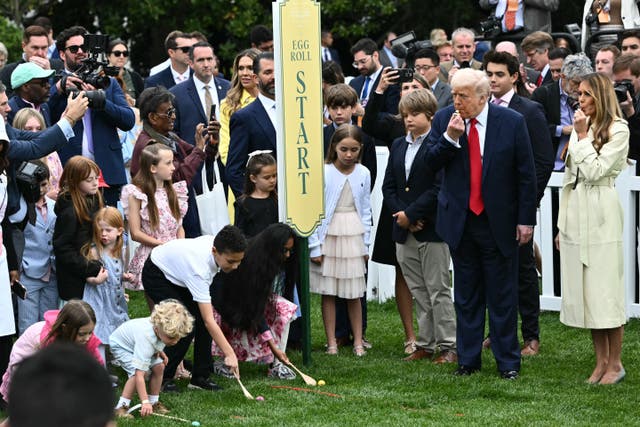 <p>President Donald Trump and First Lady Melania Trump get things started at the White House Easter Egg Roll</p>