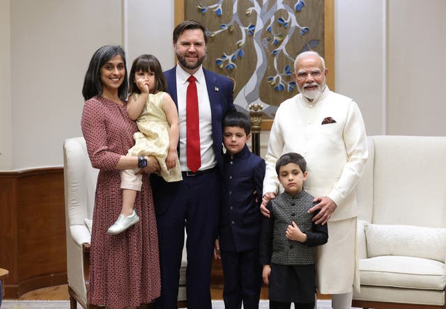 <p>India's Prime Minister Narendra Modi meets U.S. Vice President JD Vance, second lady Usha Vance and their children at his residence in New Delhi</p>