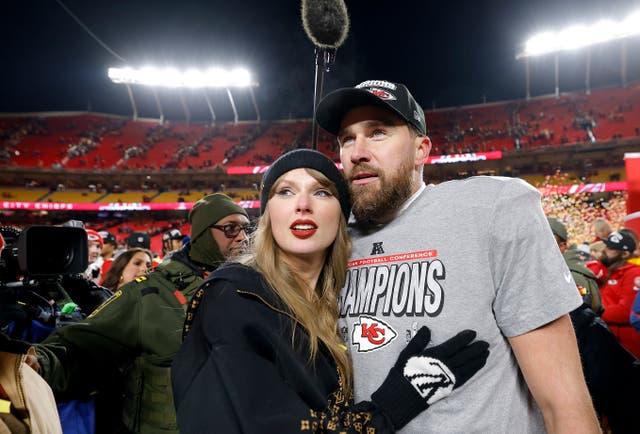 <p>Taylor Swift celebrates with Travis Kelce #87 of the Kansas City Chiefs after defeating the Buffalo Bills 32-29 in the AFC Championship Game at GEHA Field at Arrowhead Stadium on January 26, 2025 in Kansas City, Missouri. </p>