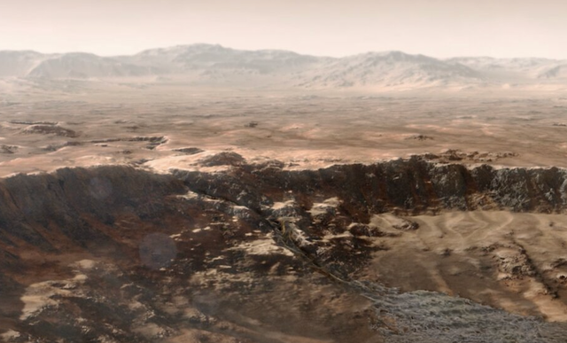 <p>Artist's depiction of water rushing into Jezero Crater on Mars</p>