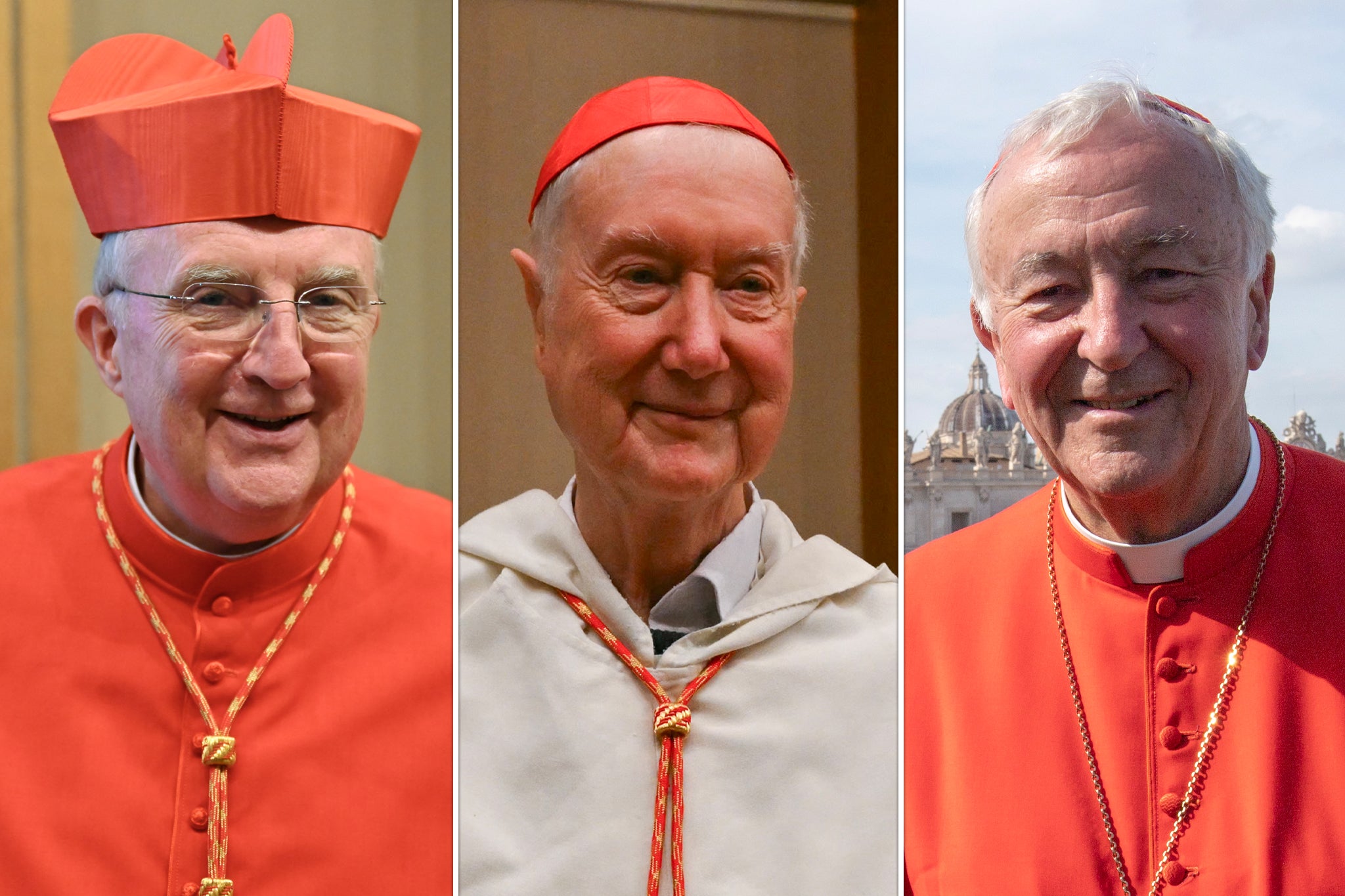 <p>Left to right: Cardinals Arthur Roche, Timothy Radcliffe and Vincent Nichols will vote in the conclave to choose a new pope</p>