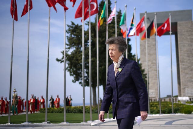 The Princess Royal attends the Commemoration of the Republic of Turkey at Canakkale Martyrs’ Memorial in the Gallipoli Peninsula Historical National Park, to mark Anzac Day, which commemorates the anniversary of the start of the Gallipoli landings (Yui Mok/PA)
