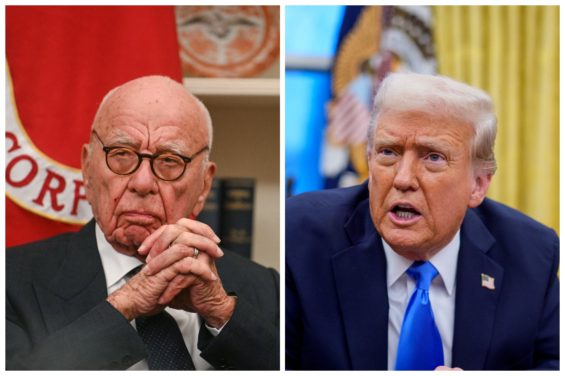 President Donald Trump (right) filed a defamation lawsuit against Wall Street Journal owner Rupert Murdoch (left), and the paper’s parent companies, claiming defamation over a purported birthday card Trump wrote to convicted child sex predator Jeffrey Epstein in 2003.