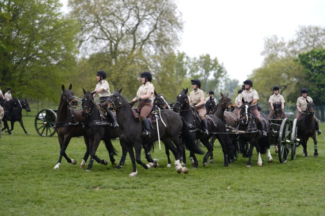 Members of The King’s Troop, Royal Horse Artillery rehearse at Woolwich Garrison (Jordan Pettitt/PA)