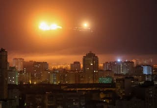 A ballistic missile explodes in the sky over the city during a Russian drone strike, amid Russia's attack on Ukraine, in Kyiv, Ukraine 24 April 2025