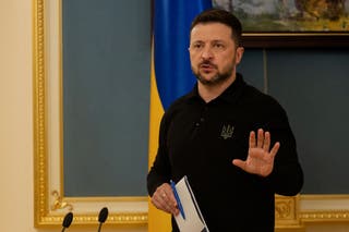 Ukraine's president Volodymyr Zelensky delivers a press conference in Kyiv on 22 April 2025
