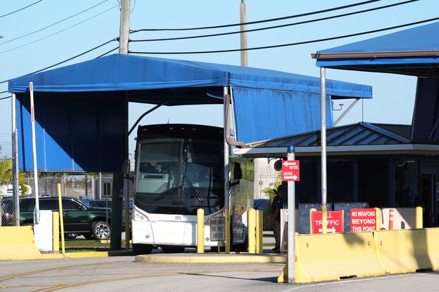 <p>A bus leaves the Krome Detention Center, Wednesday, April 16, 2025, in Miami. (AP Photo/Marta Lavandier)</p>