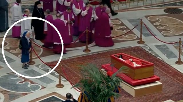 <p>Moment crying nun who knew Pope Francis is allowed to break protocol at coffin of late Pontiff.</p>
