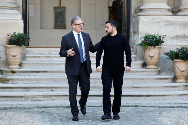 Prime Minister Sir Keir Starmer (left) walks with President of Ukraine Volodymyr Zelensky as he leaves the UK Ambassador’s Residence in Paris, after a meeting to discuss peace and security for Ukraine. Picture date: Thursday March 27, 2025.