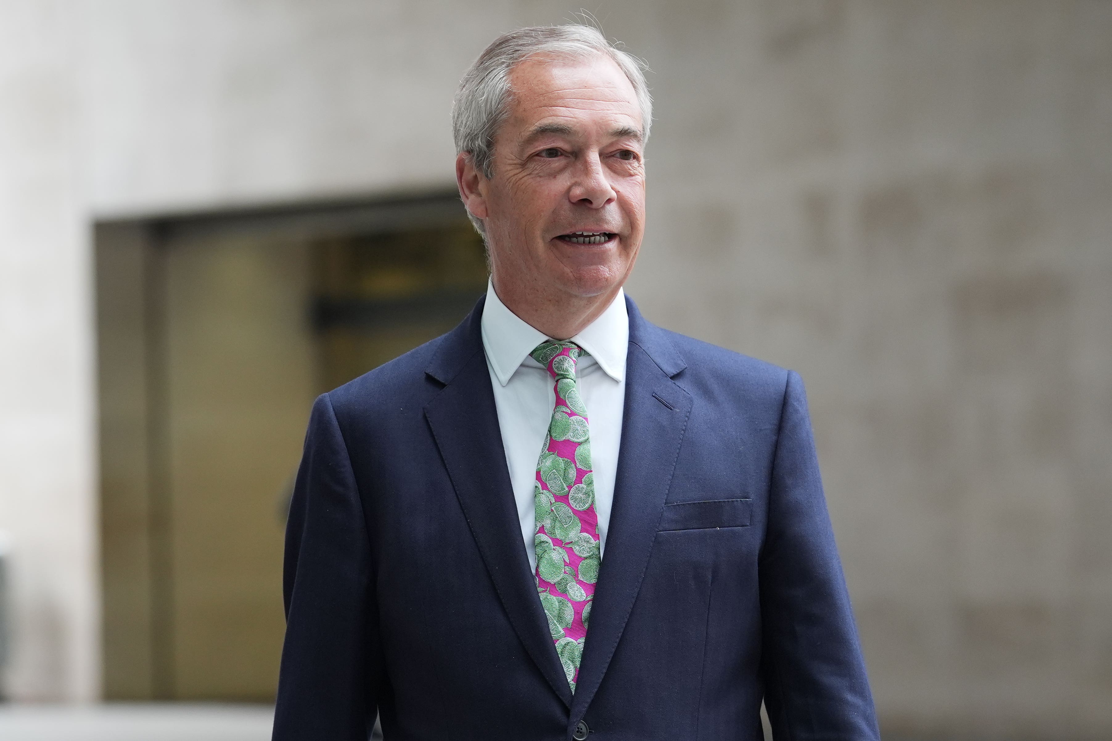 Reform UK leader Nigel Farage arrives at BBC Broadcasting House in London. (Lucy North/PA)