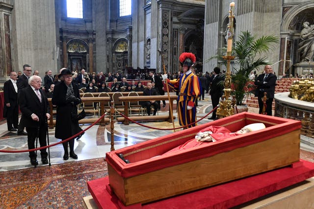 Irish President Michael D Higgins and his wife Sabina paying their respects at the lying in state of Pope Francis in St Peter’s Basilica in the Vatican (President of Ireland’s office/PA)
