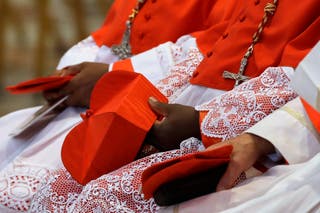 Cardinals inside St Peter’s Basilica at the Vatican (Gregorio Borgia/AP)