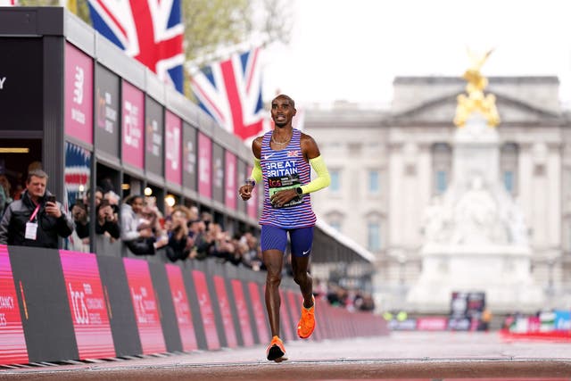 Sir Mo Farah, pictured crossing the finish line in the 2023 TCS London Marathon, won the Mini Marathon three times (John Walton/PA)
