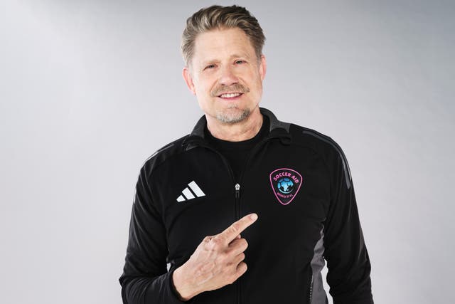Peter Schmeichel is Soccer Aid World XI FC goalkeeping coach (Matt Writtle for UNICEF UK and Soccer Aid Productions/handout)