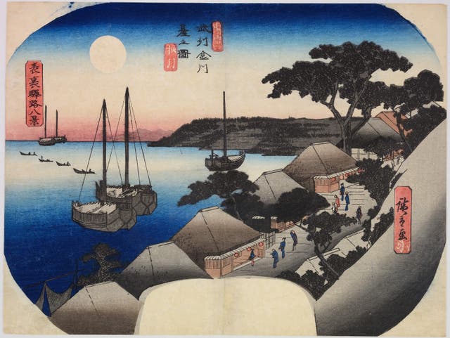 <p>Hiroshige's Tōkaidō Autumn Moon – Restaurants at Kanagawa, Musashi Province about 1839</p>