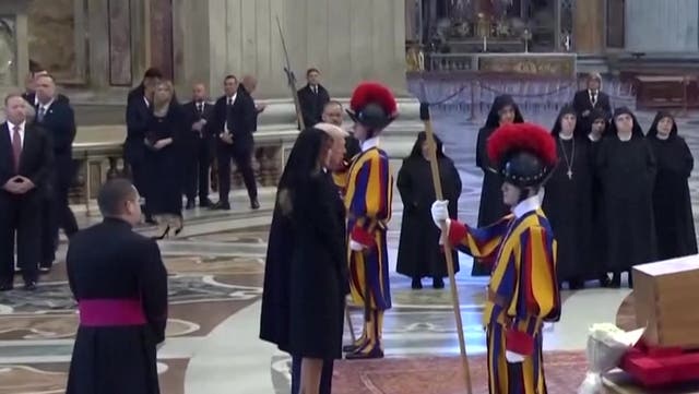 <p>Donald Trump and Melania pay respects to Pope Francis at late Pontiff’s funeral.</p>