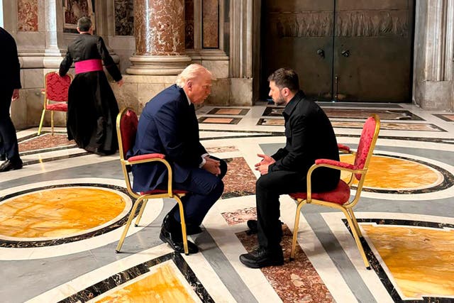 <p>Ukrainian president Volodymyr Zelensky met with Donald Trump as they attended the funeral of Pope Francis in the Vatican on Saturday</p>