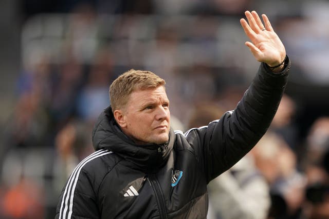 Newcastle manager Eddie Howe waves to the fans upon his return to the touchline against Ipswich (Owen Humphreys/PA)