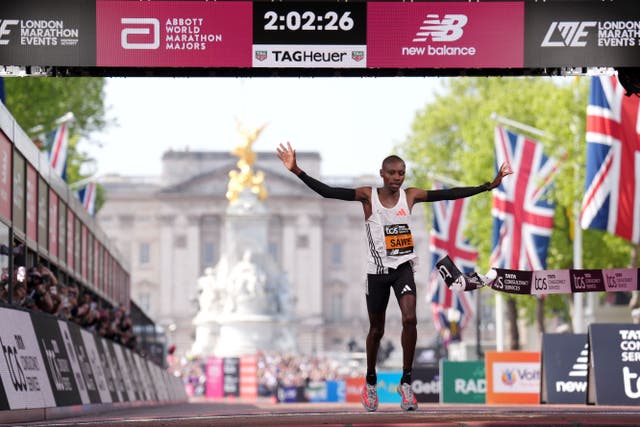 Sabastian Sawe wins the men’s elite race during the TCS London Marathon (John Walton/PA)