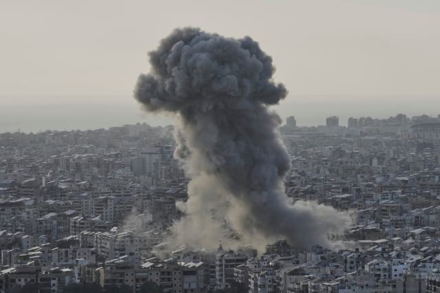 <p>Smoke rises following an Israeli airstrike on Dahiyeh in the southern suburb of Beirut, Lebanon, Sunday, 27 April 2025</p>