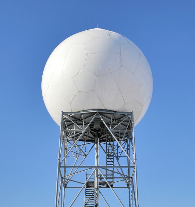 <p>A Doppler radar tower outside a National Weather Service facility in Sullivan, Wisconsin. A militia group called ‘Veterans on Patrol’ has allegedly made threats against the radars</p>