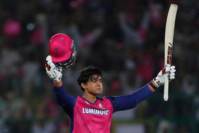 Rajasthan Royals’ Vaibhav Suryavanshi celebrates after scoring a century (Surjeet Yadav/AP)