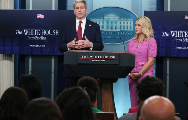 <p>U.S. Treasury Secretary Scott Bessent responds to questions with White House press secretary Karoline Leavitt during a press briefing at the White House in Washington, U.S., April 29, 2025. REUTERS/Leah Millis</p>