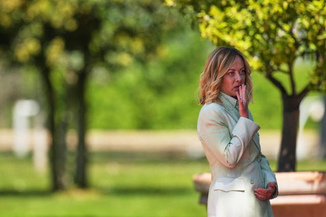 <p>Italian Prime Minister Giorgia Meloni waits for the arrival of Turkey's President Recep Tayyip Erdogan for a bilateral meeting, at villa Doria Pamphilj, in Rome, Tuesday, April 29, 2025. (AP Photo/Francisco Seco)</p>