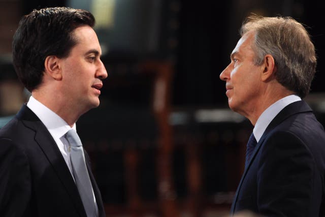 <p>Ed Miliband (L), and former British Prime Minister Tony Blair (R) </p>