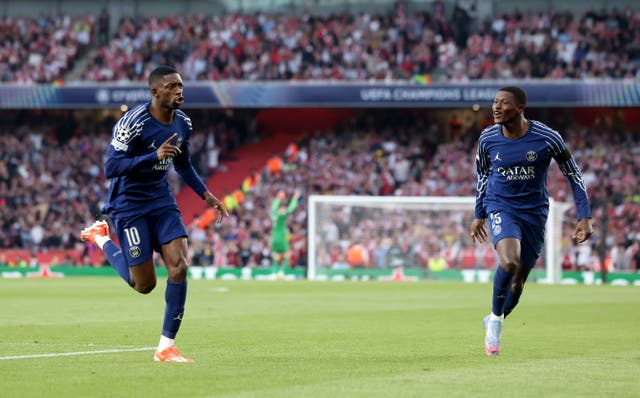 <p>Ousmane Dembele (left) scored the only goal of the game with barely three minutes on the clock</p>