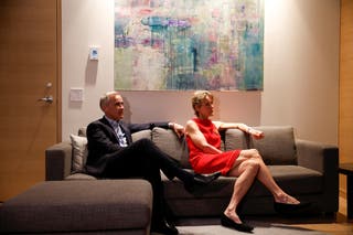 Canada's prime minister Mark Carney and his wife Diana Fox Carney watch the coverage of the election results at a hotel in downtown Ottawa, Ontario, Canada 28 April 2025