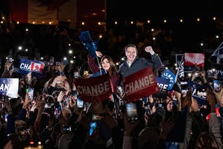 Pierre Poilievre, leader of the Conservative Party of Canada and the Official Opposition, speaks during the 'Whistle Stop for Change' event on 27 April 2025