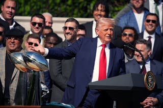 US president Donald Trump delivers remarks at an event welcoming the 2025 Super Bowl Champion Philadelphia Eagles on the South Lawn of the White House on 28 April 2025 in Washington