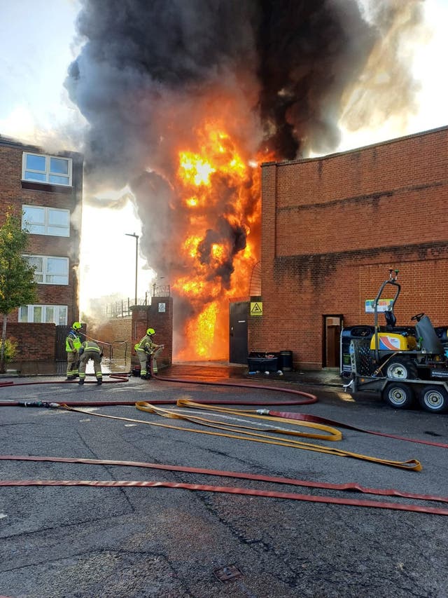 <p>London electrical substation alight </p>