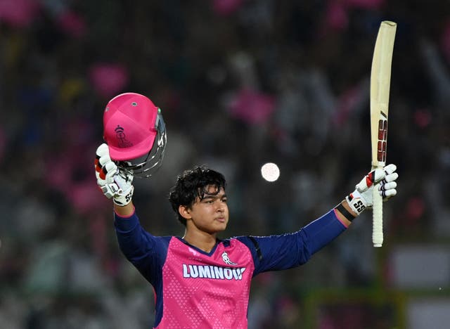 <p>Rajasthan Royals' Vaibhav Suryavanshi celebrates after becoming the youngest player to score an IPL century</p>