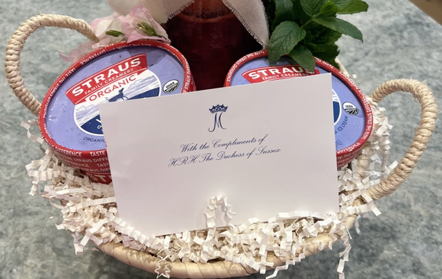 <p>A gift card with the words 'With the compliments of HRH The Duchess of Sussex' was seen during a podcast interview that Meghan did with Jamie Kern Lima</p>