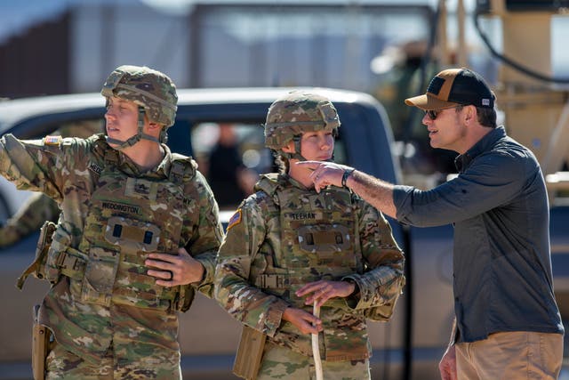 <p>Defense Secretary Pete Hegseth, right, speaks as he's briefed by Army soldiers while visiting the US-Mexico border in Sunland Park, N.M., Monday, Feb. 3, 2025. (AP Photo/Andres Leighton, File)</p>