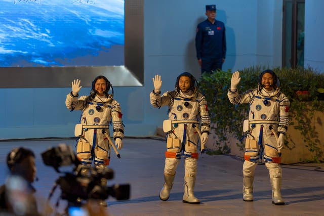 <p>Chinese astronauts Wang Haoze, from left, Cai Xuzhe and Song Lingdong </p>
