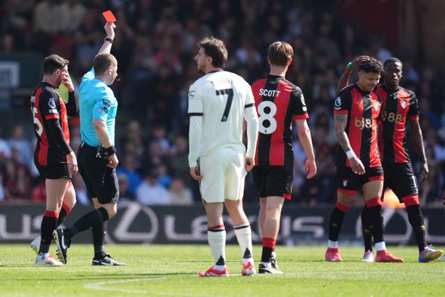 Bournemouth striker Evanilson, second from right, was sent off against Manchester United on Sunday (Adam Davy/PA)