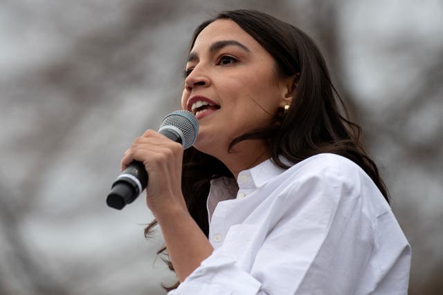 <p>Democratic Representative Alexandria Ocasio-Cortez addresses supporters during a "Fighting Oligarchy: Where We Go From Here" rally in Denver, Colorado, on March 21 2025</p>